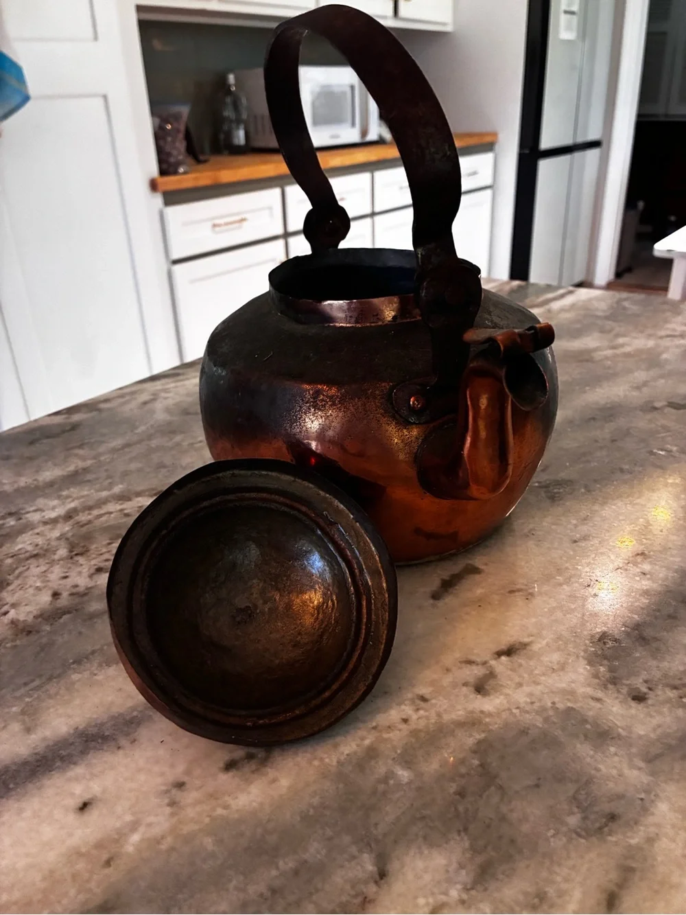 Early antique primitive Copper Kettle in Warm Copper and Dark Patina